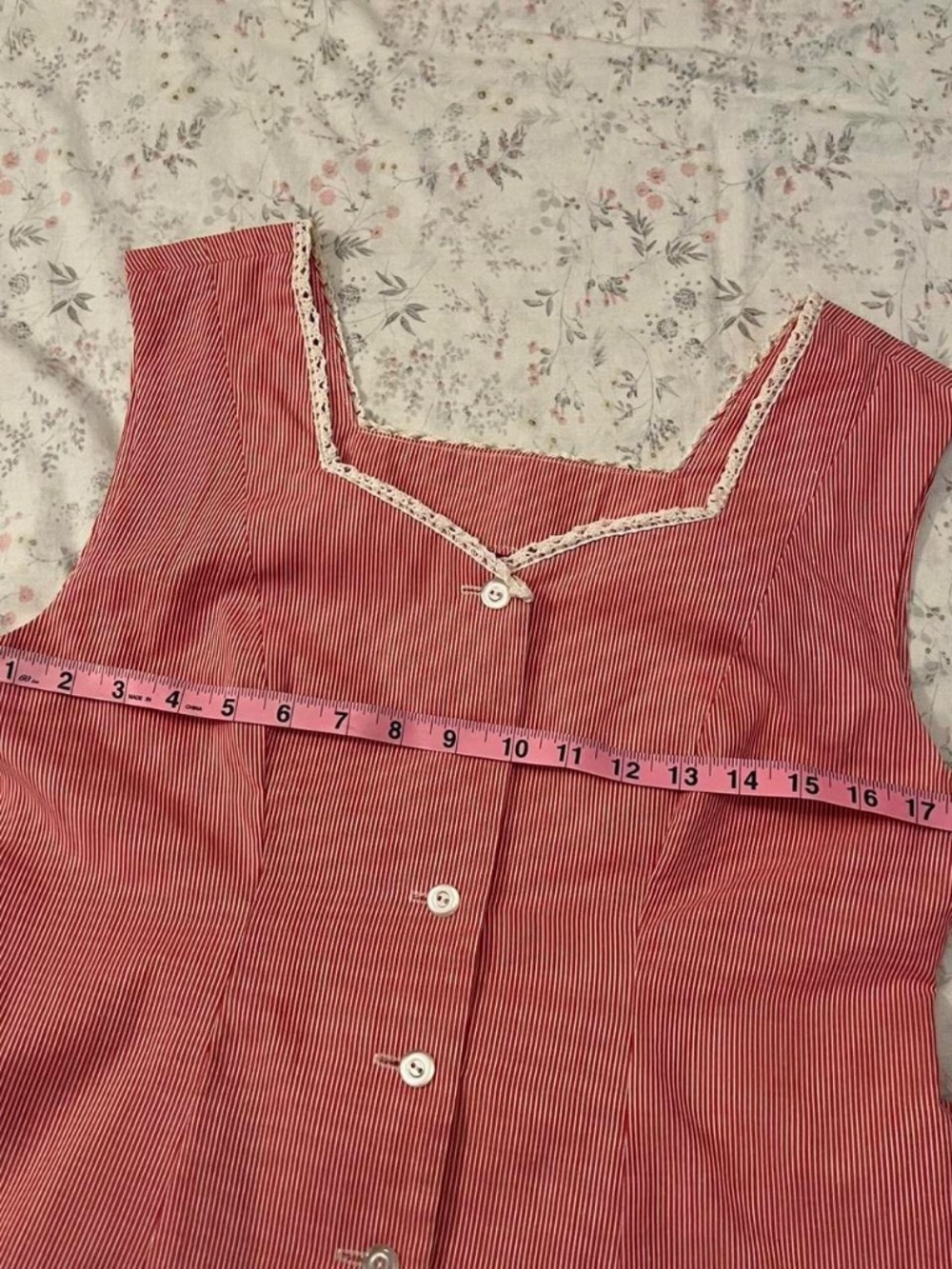 Vintage 50s Day Dress Drop Waist Sweetheart Neckline Lace Button Up Red Striped - Picture 7 of 8